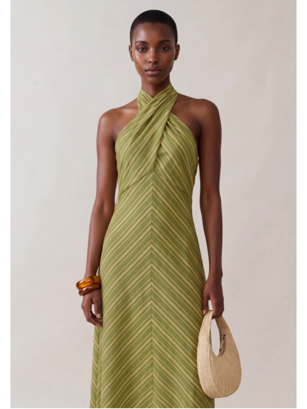 Women's o.p.t Noelle Cotton Dress Green Striped Halter Maxi Dress Size S - Picture 4 of 9